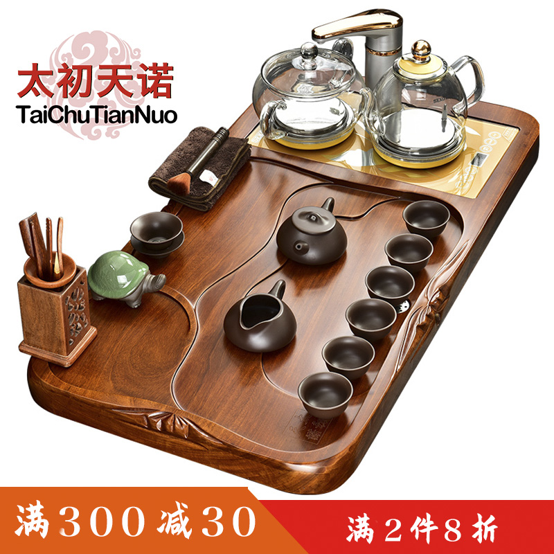 The beginning day, automatic tea set home four unity glass kettle hua limu purple sand tea tray was kung fu