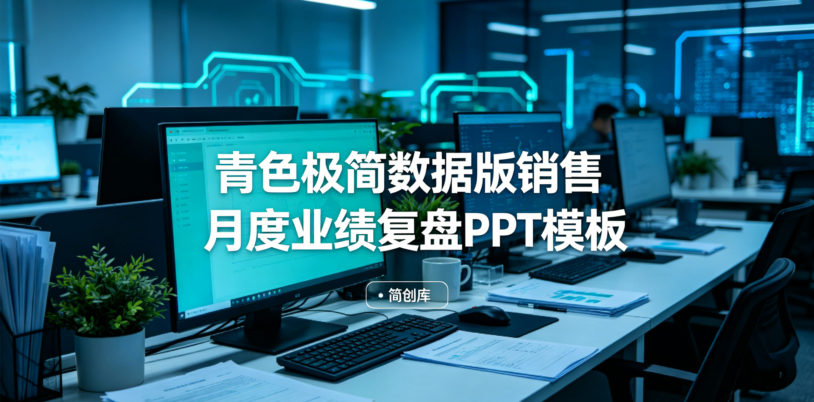 B1024青色极简数据版销售月度业绩复盘PPT模板 职场销售复盘表格模板-简创库网