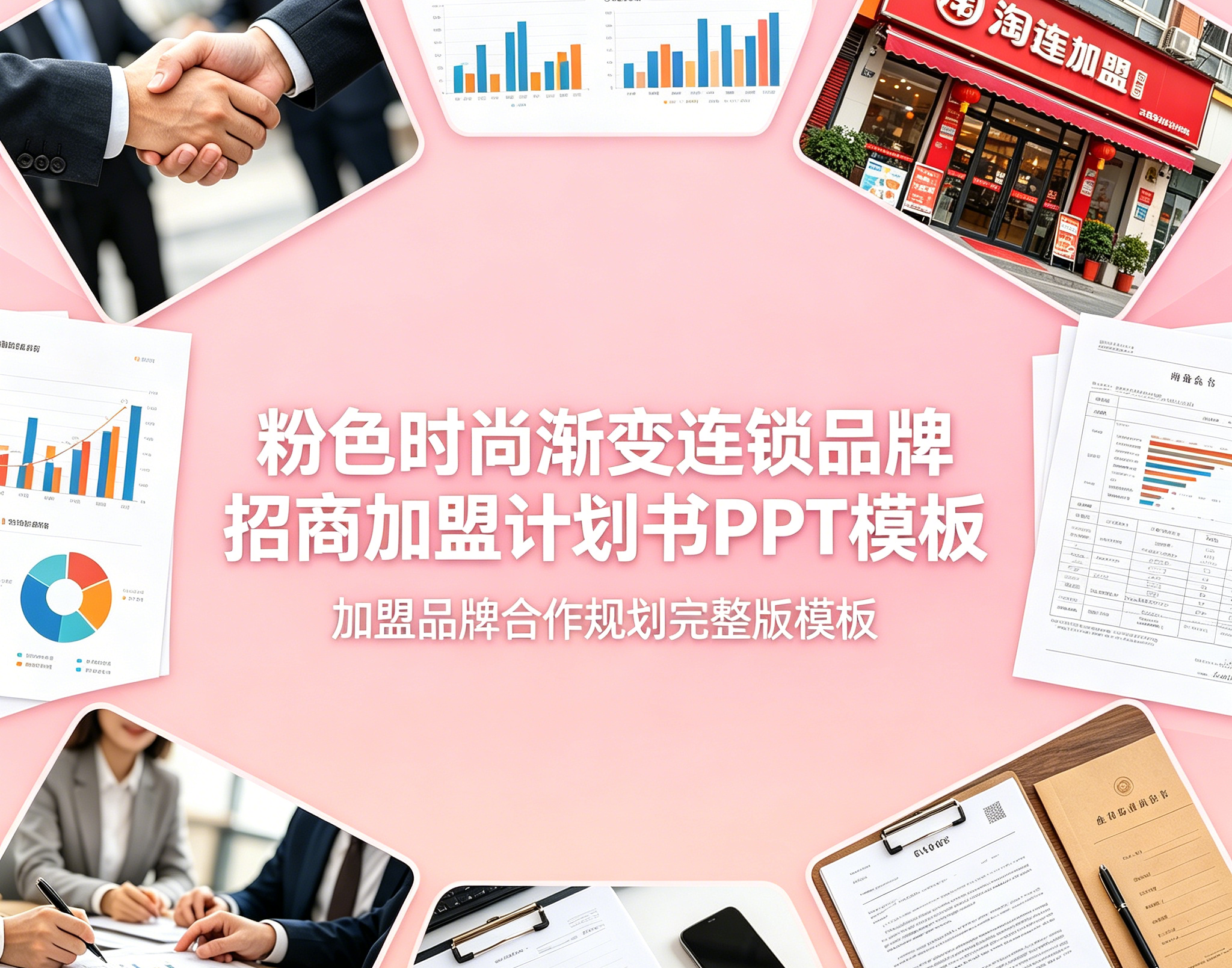 C1144粉色时尚渐变连锁品牌招商加盟计划书PPT模板加盟品牌合作规划完整版模板-简创库网