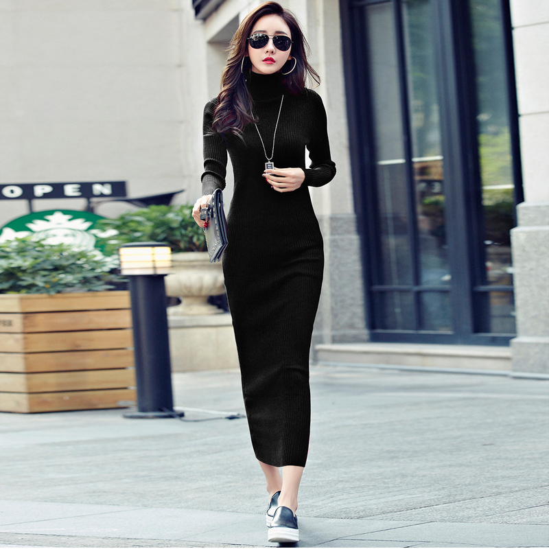 Black Turtleneck Dress with Long Sleeves, Korean Style, Autumn and Winter, Warm, Thickened, Bodycon, Tight-Fitting, Base Layer Long Dress