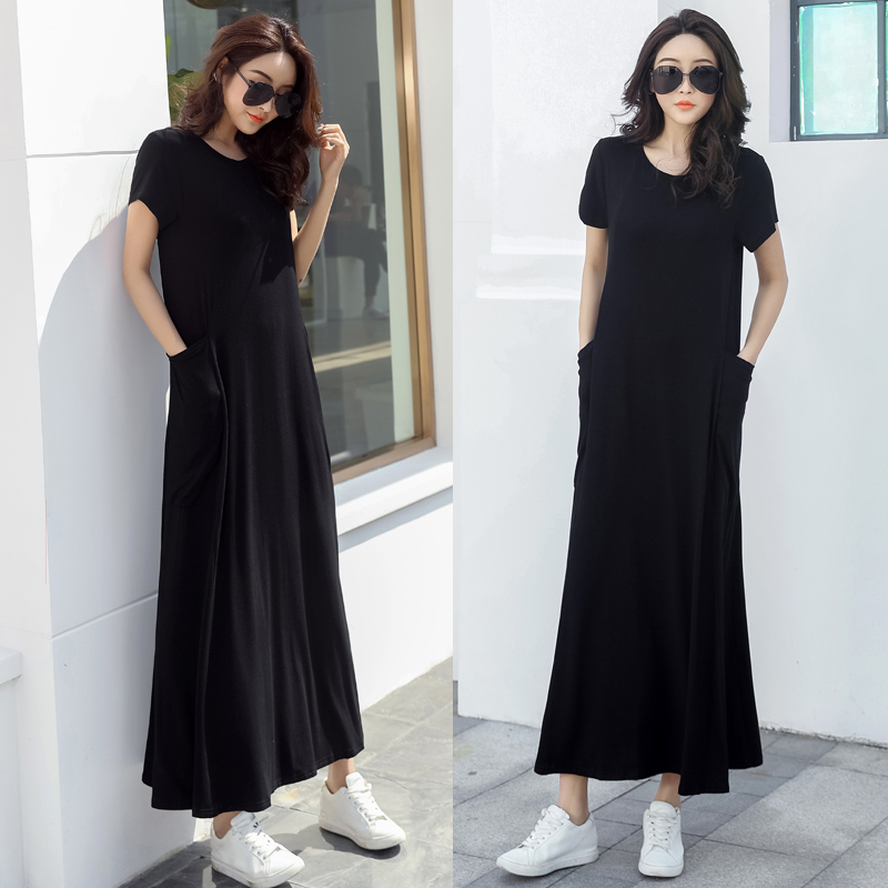 Black Short-Sleeved Loose Dress, Extra-Long Korean Style with Pockets, Large Hem, Casual Round Neck, Modal Base Long Dress