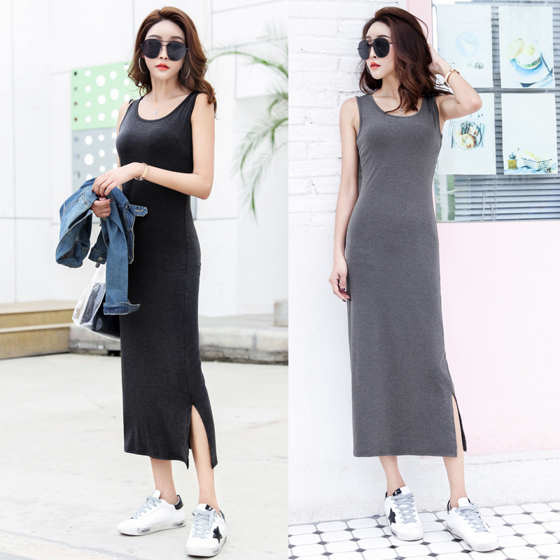 Modal Tank Top Long Dress, Summer Korean Style, Slim Fit, Bodycon, Black Base Long Dress, Side Slit, Sleeveless Camisole Dress