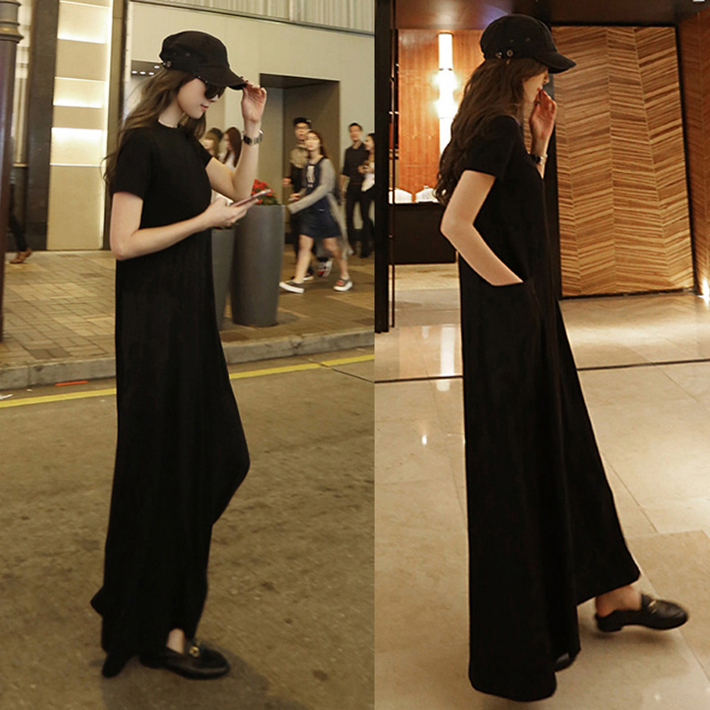 Black Short-Sleeved Long Dress for Women, Summer Modal Korean Dongdaemun Pocket A-Line Extra-Long Loose-Fitting Dress