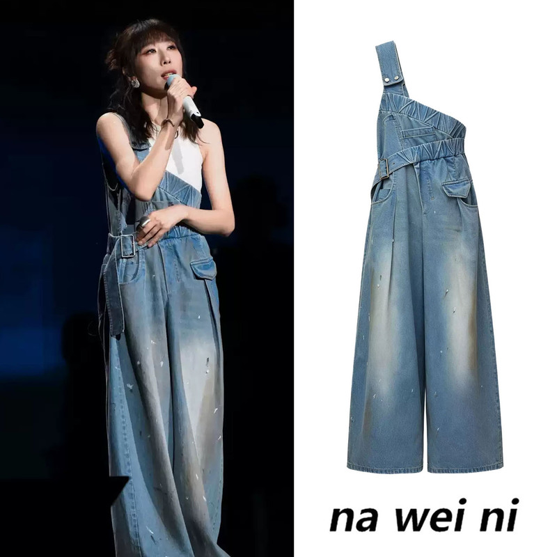 Ren Suxi Concert Style One-Shoulder Graffiti Denim Overalls Women's American Retro Wide-Leg Pants Floor-Length Jumpsuit