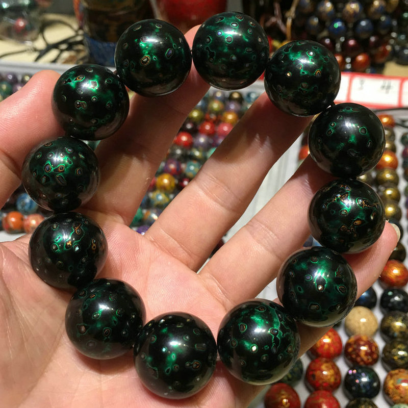 Large lacquer beads hand string green gold 20mm Fuzhou lacquerware Rhinoceros leather paint inlaid with crystal mother-of-pearl barrel beads Old single Buddha beads