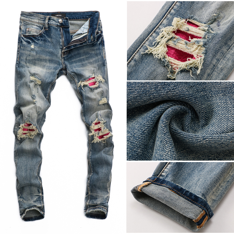 High End Breaking Hole Jeans Man's Tide Cards Retro Little Feet Light Color Trend European Station Amiri Denim Pants Man