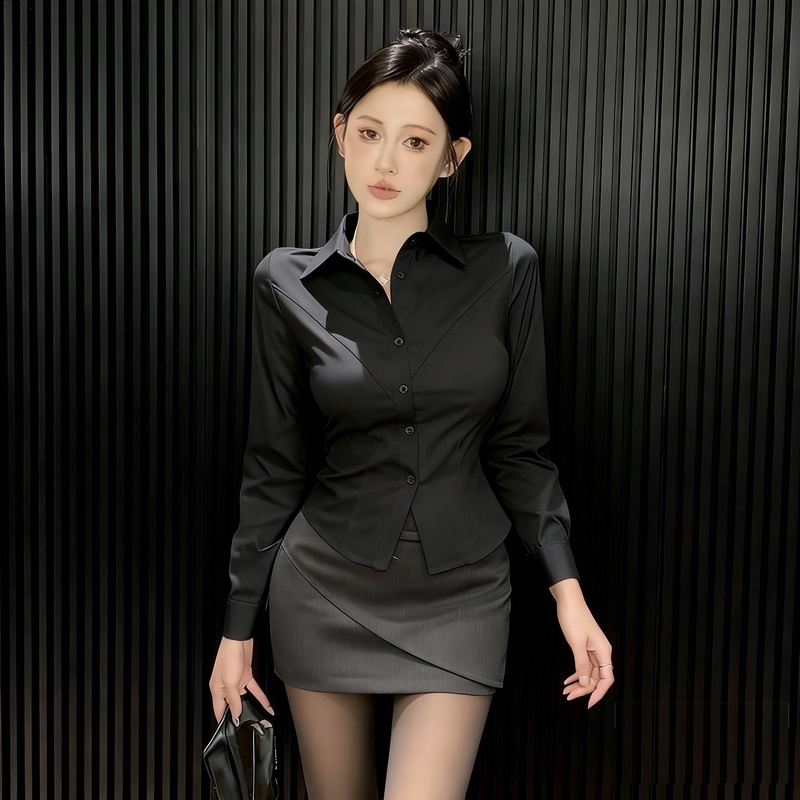 Black Shirt Women's Professional Age-Reducing Workwear Suit Skirt Hip-Hugging Sexy Long-Sleeved Shirt Secretary Ol Pure Desire Uniform
