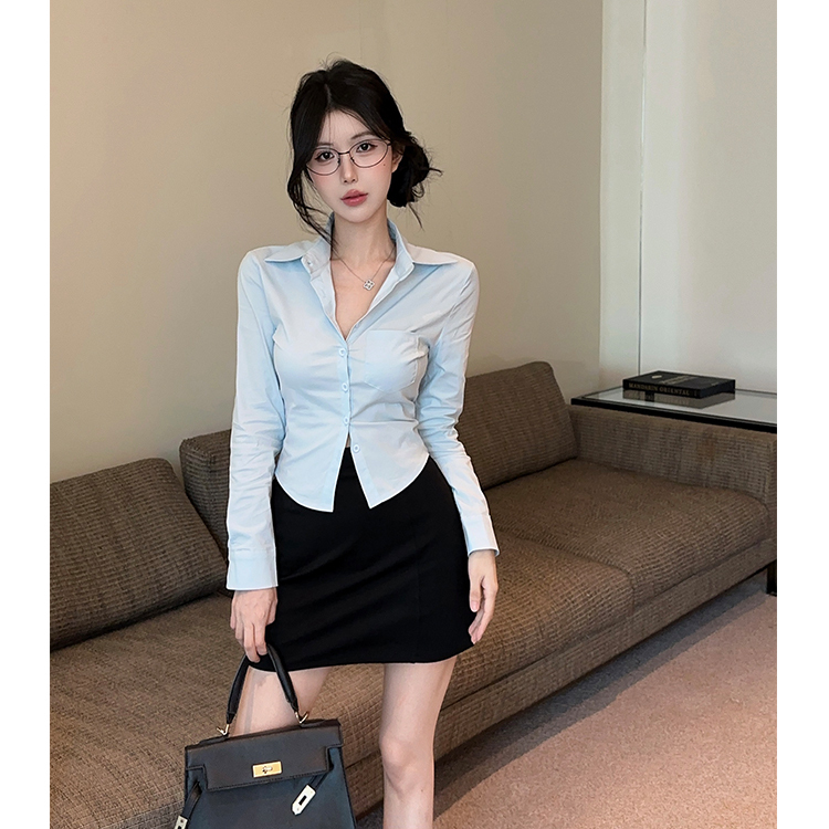 Sexy Waist-Cinching Blue Shirt for Women, Pure Desire Secretary Ol Uniform, Elegant Professional Attire, Hip-Hugging Skirt, Hotel Front Desk Work Uniform