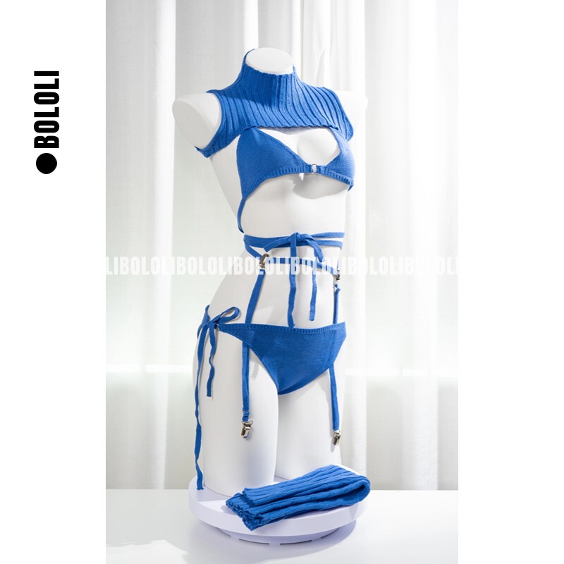 Bololi Japanese-Style Blue Autumn and Winter Sweater Lingerie Set Hollow-Out Tie-Up Knitwear Bikini Cosplay Photoshoot Outfit