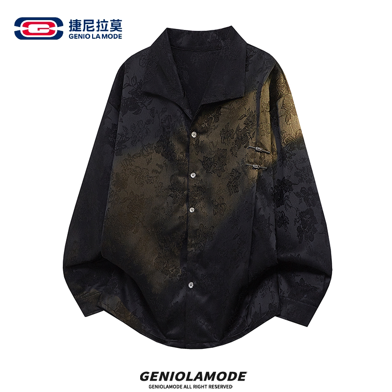 【Jenilamo】New Chinese-Style Jacquard Cuban Collar Long-Sleeve Shirt for Men, Autumn High-End Casual Shirt