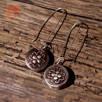 Original design 999 foot silver sun drum hand - made retro drum drum earrings earbuckle silver decoration