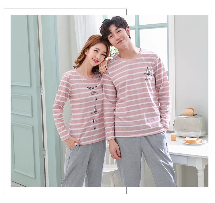 Bộ đồ ngủ mùa thu đôi tay dài cotton phục vụ gia đình nam giản dị cỡ lớn phù hợp với phụ nữ có thể mặc ngoài mùa đông mỏng dễ thương pijama