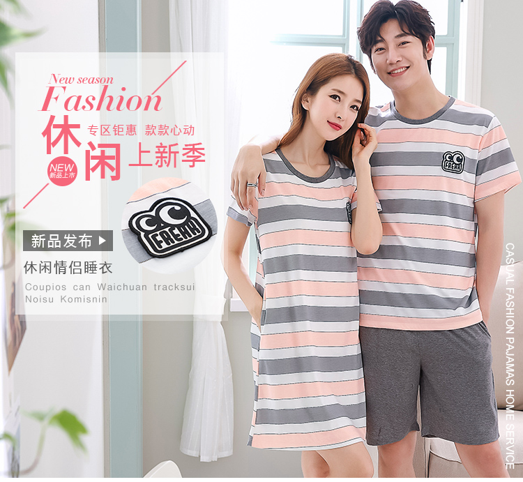 Cặp đôi đồ ngủ mùa hè cotton ngắn tay Hàn Quốc dễ thương mùa hè nữ váy ngủ gợi cảm nam phục vụ nhà phù hợp với phần mỏng đồ bộ thun