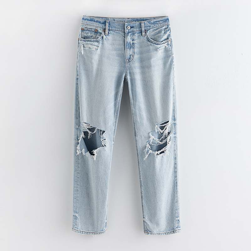 Aeo American Eagle Summer New Low-Waist Non-Stretch Jeans for Women, Loose Fit, Slimming, Ripped Boyfriend Style Straight-Leg Pants, Trendy