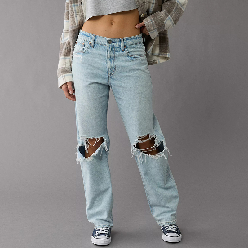 Aeo American Eagle Summer New Low-Rise Non-Stretch Jeans for Women, Loose Fit, Slimming, Ripped Boyfriend Style Straight-Leg Pants, Trendy
