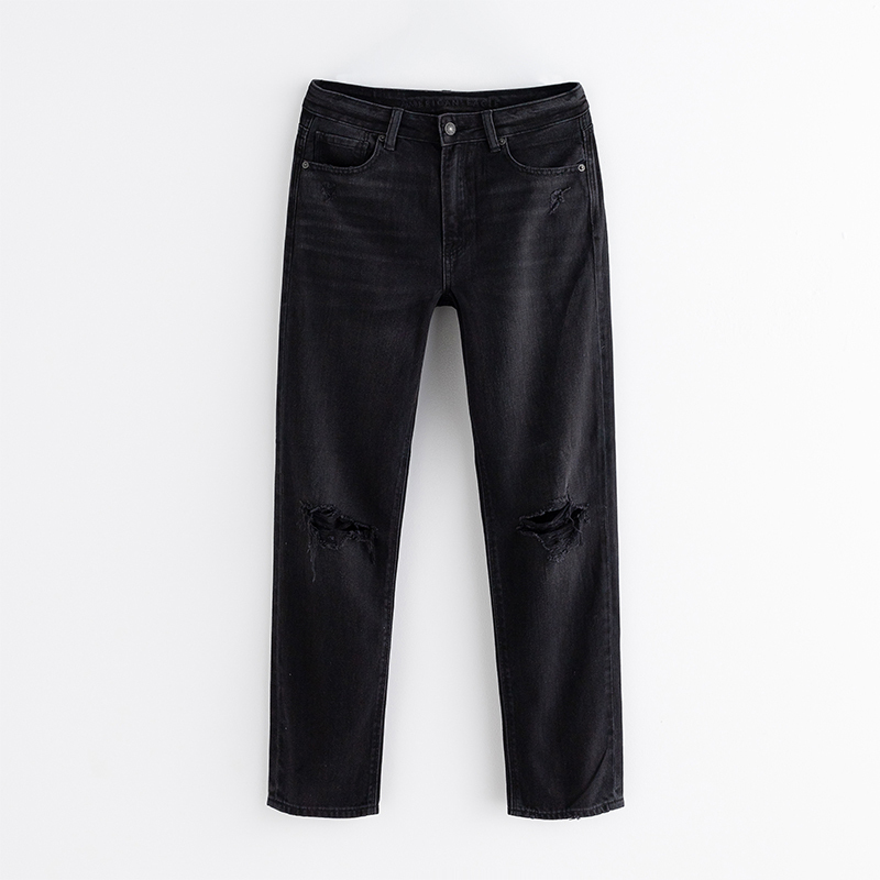 Aeo American Eagle Summer New Black and Gray High-Waisted Non-Stretch Jeans for Women, Loose Fit, Slimming, Ripped Straight-Leg Pants, Trendy