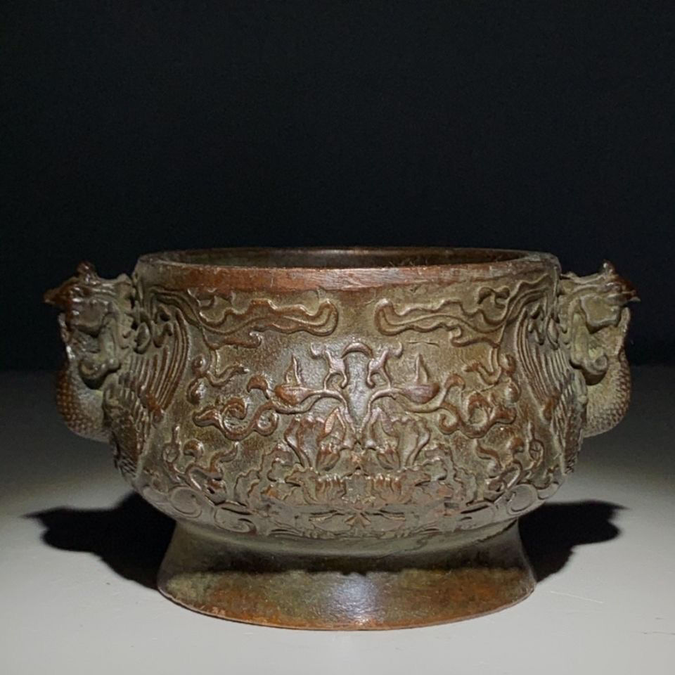 Ancient Play Old Goods Big Ming Xuande Double Phoenix Red Copper Incense Stove Bag Berries Mellow Thickness Genuine Products Old Objects Vintage Collection-Taobao