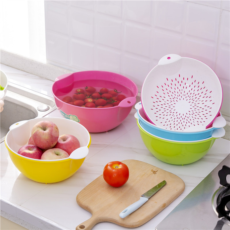 Double Layer Wash Basin Drain Basket Drain Basin Naughty Diviner Household Kitchen Wash Fruit Pan Hot Pot Blue Double Drain Basket