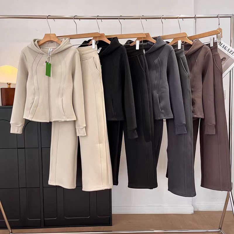 Lu Same Style Slim Waist Windproof Warm Mousse Velvet Hooded Sweatshirt High Waist Slimming Casual Pants 51105