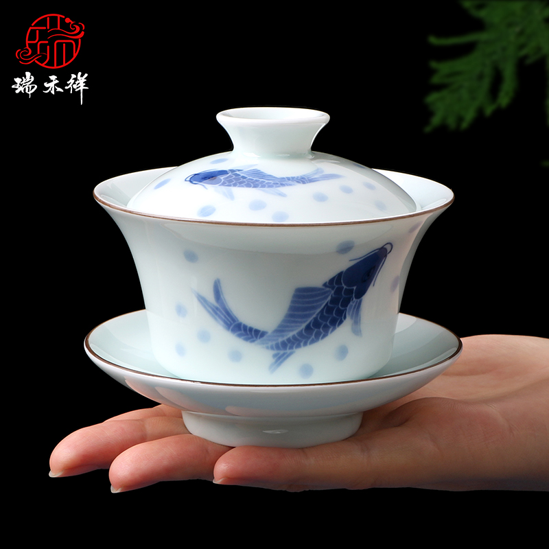 Rui Wo Xiang Hand-painted Triple Talent Cover Bowl Single Bowl Tea Cup Ceramic Tea Set set with lid Not bronzed by hand Qing Porcelain Tea Bowl