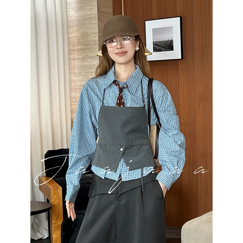 Jaajaaa Fashionable Nerdcore Nordic Style Plaid Shirt + Halter Neck Camisole Design Soft Layered Outfit Jaajaaa Fashionable Nerdcore Nordic Style Plaid Shirt + Halter Neck Camisole Design Soft Layered Outfit