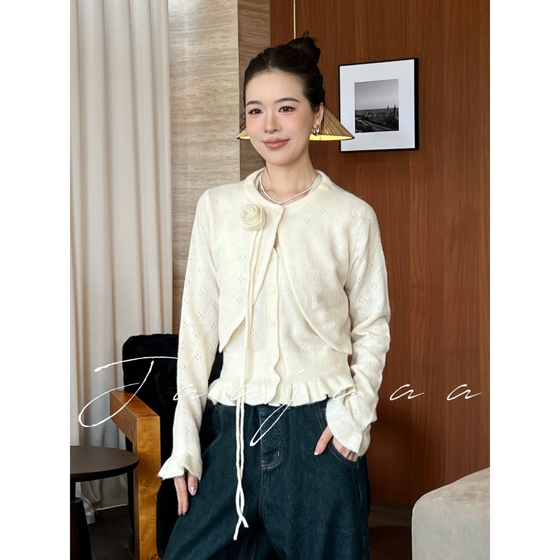 Jaajaaa Gentle White Moonlight Alpaca Wool + Wool Three-Dimensional Flower Cardigan Vest Knitwear Sweater Set