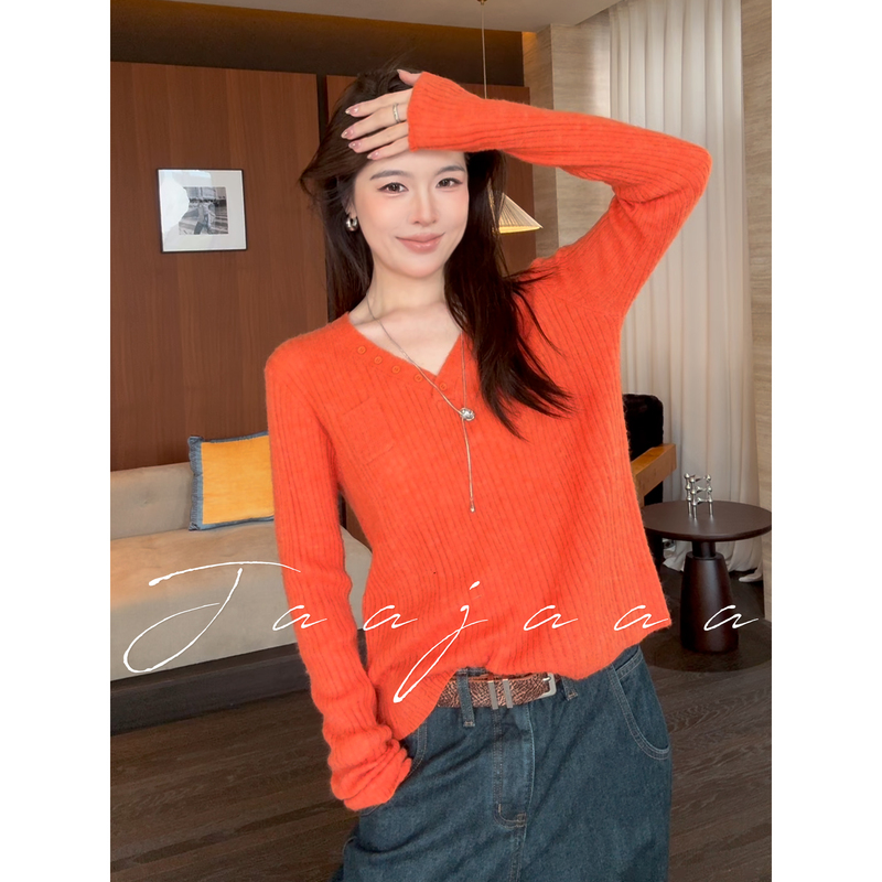 Jaajaaa California Sunset Orange Alpaca Wool + Wool Sweater V-Neck Smart Vertical Ribbed Knit Top for Women