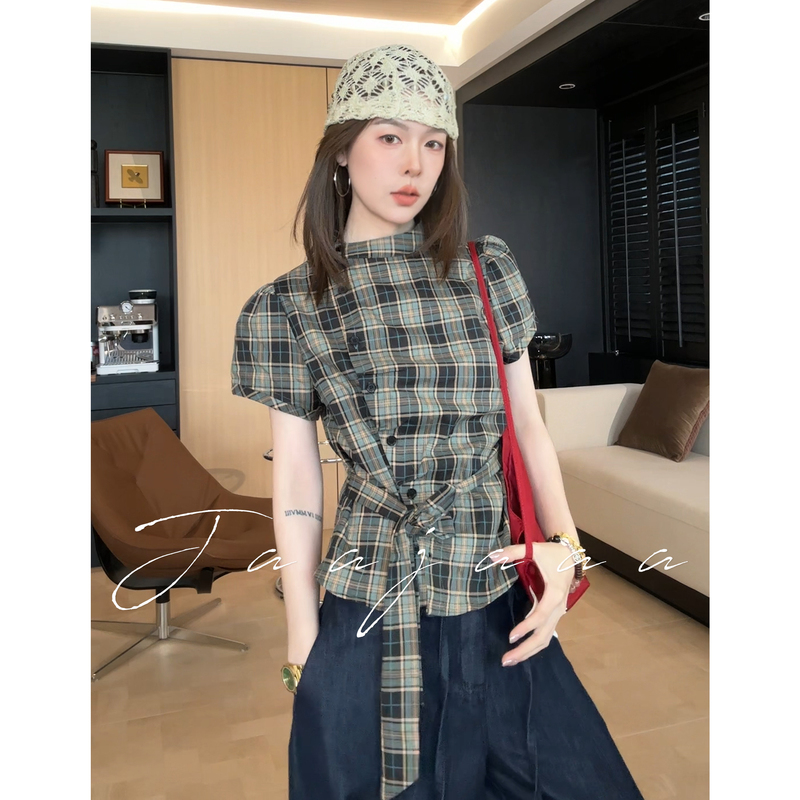 Jaajaaa Heart-Stopping Moment: Vintage and Delicate Plaid Outfit with Asymmetrical Tie, Waist-Cinching Stand-Up Collar, Short-Sleeved Shirt