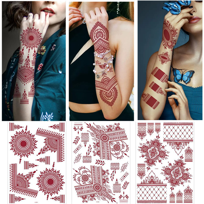 Indian Bridal Henna Red-Brown Tattoo Stickers Lace Back of Hand Palm Tattoo Template Water Transfer Pattern Hand-Painted Design
