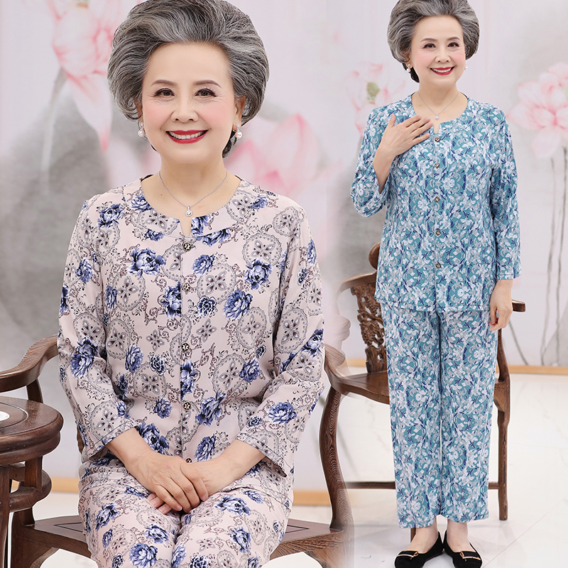 Summer Clothing for Middle-Aged and Elderly Women, Cotton Silk Suit, Grandma Long-Sleeved Two-Piece Set, Loose-Fitting Thin Clothes for Mothers and Elderly Women