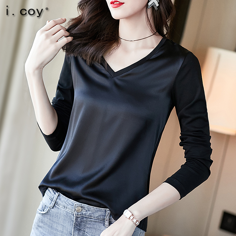 Satin Mulberry Silk T-Shirt, New Spring and Autumn Style, V-Neck, Long Sleeves, Elegant, Plus Size, Patchwork, Simple Black Top for Women