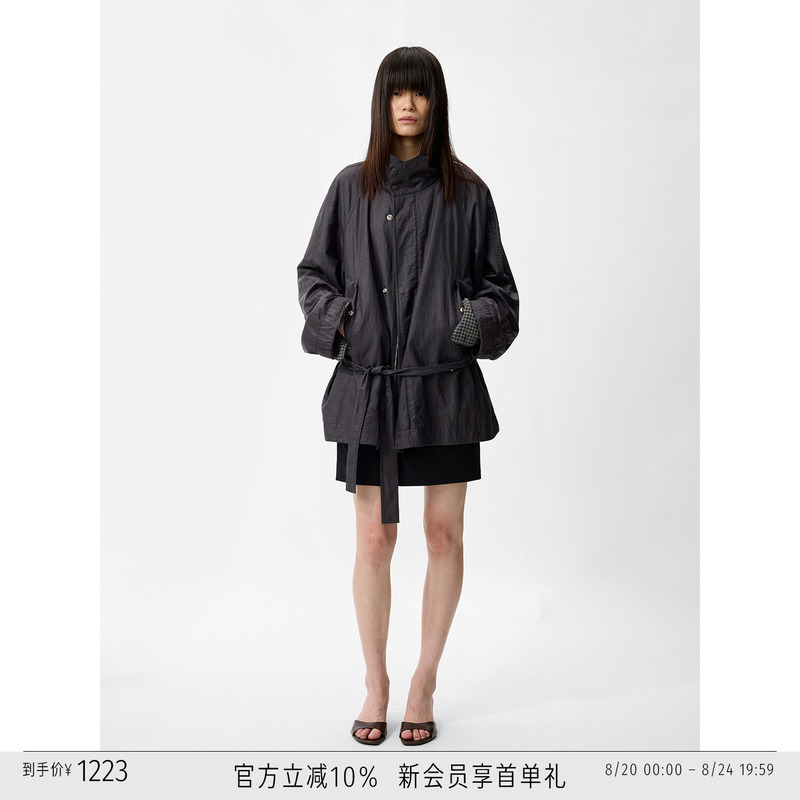 Randompiece26 Autumn Linen Blend Coated Matte Design Stand Collar Waist-Cinching Workwear Short Windbreaker Jacket