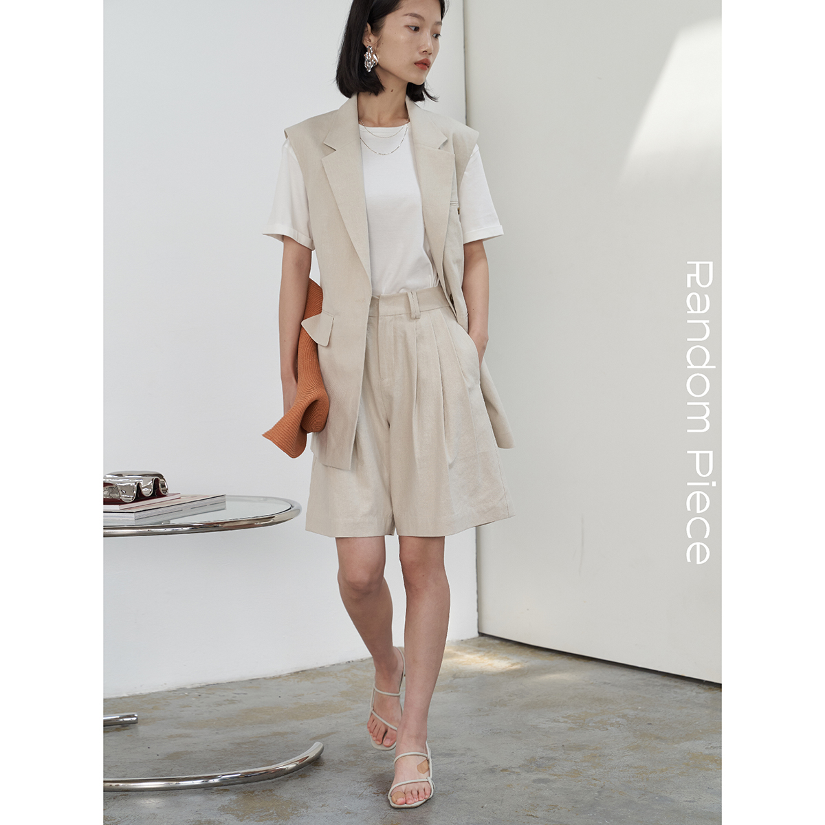 RandomPiece Cotton Linen Blend Linen Suit Cut Sleeveless Outlap Vest Spring Summer Casual Outline