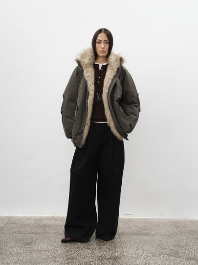 Randompiece24 New Product Eco-Friendly Fur Patchwork down Parka with Ruffled Hem Design