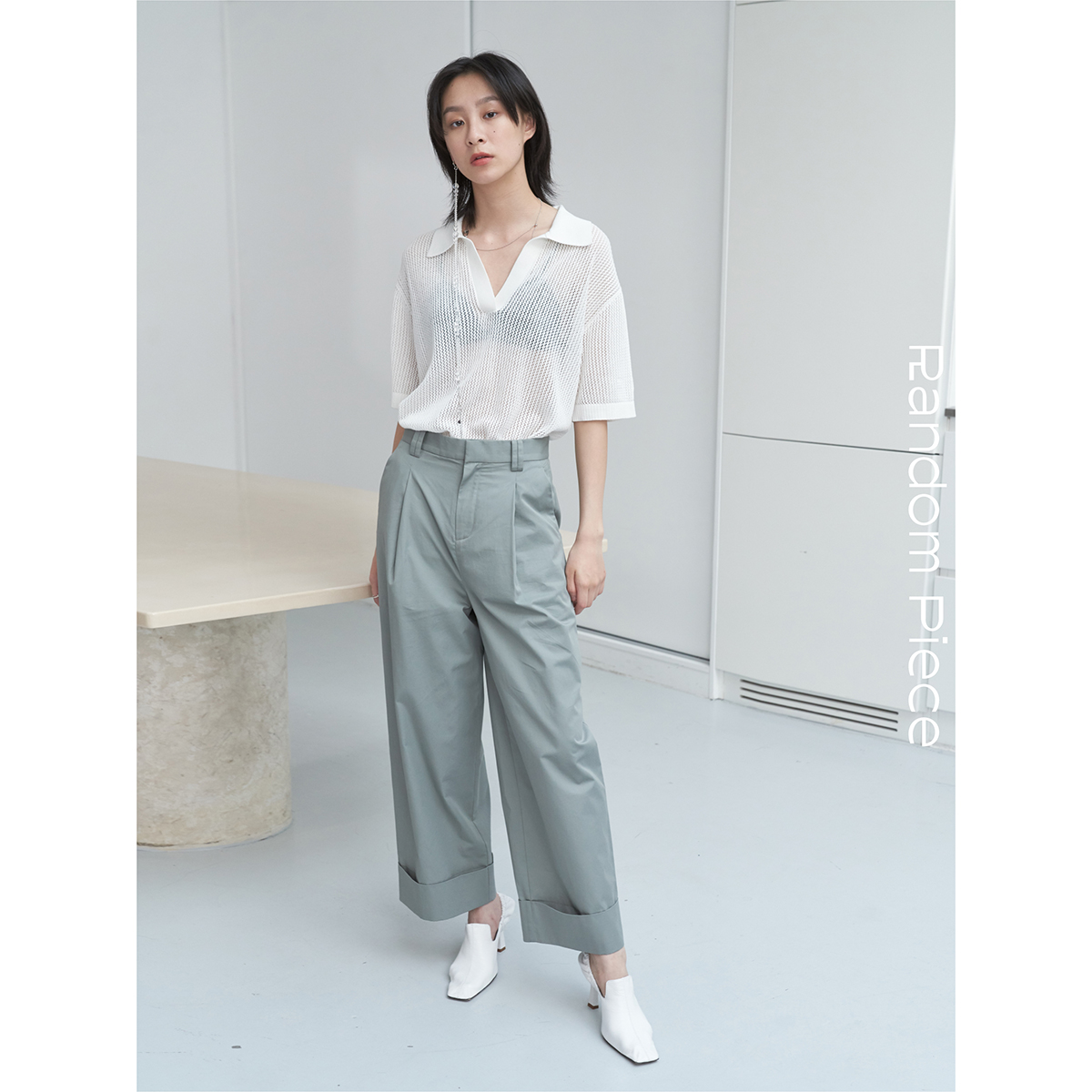 RandomPiece Shuttle Cotton Loose Straight Drum Pretty Wide Footed Curl Waist Double and Casual Long Pants