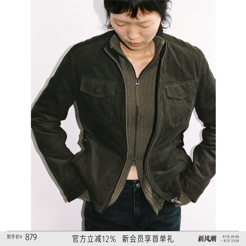 Randompiece26 Autumn All-Cotton Vintage Slightly Fitted Stand Collar Corduroy Hunting Workwear Jacket Cotton Coat