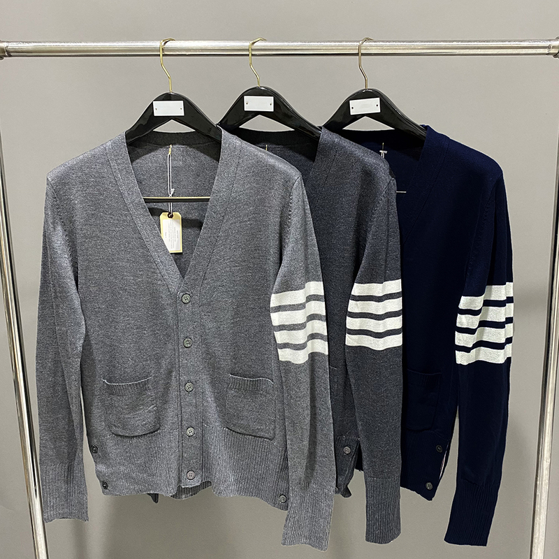 Tb Cardigan Classic Style Four-Bar Red, White, and Blue Solid Color Five-Button Wool Coat Casual Warm V-Neck Knit Sweater