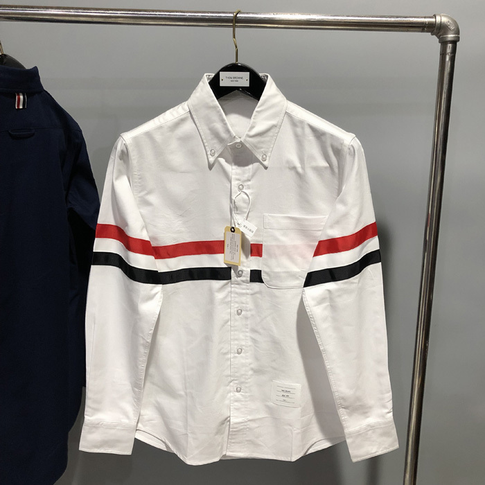 Tb Shirt with Three-Color Large Striped Red, White, and Blue Webbing Decoration, Oxford Cotton Casual Long-Sleeve Shirt for Men and Women