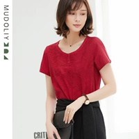 Áo thun cotton ngắn tay mido Li nữ mùa hè 2019 nữ mới áo thun mỏng mỏng áo thun thêu - Áo phông áo thun tay lỡ