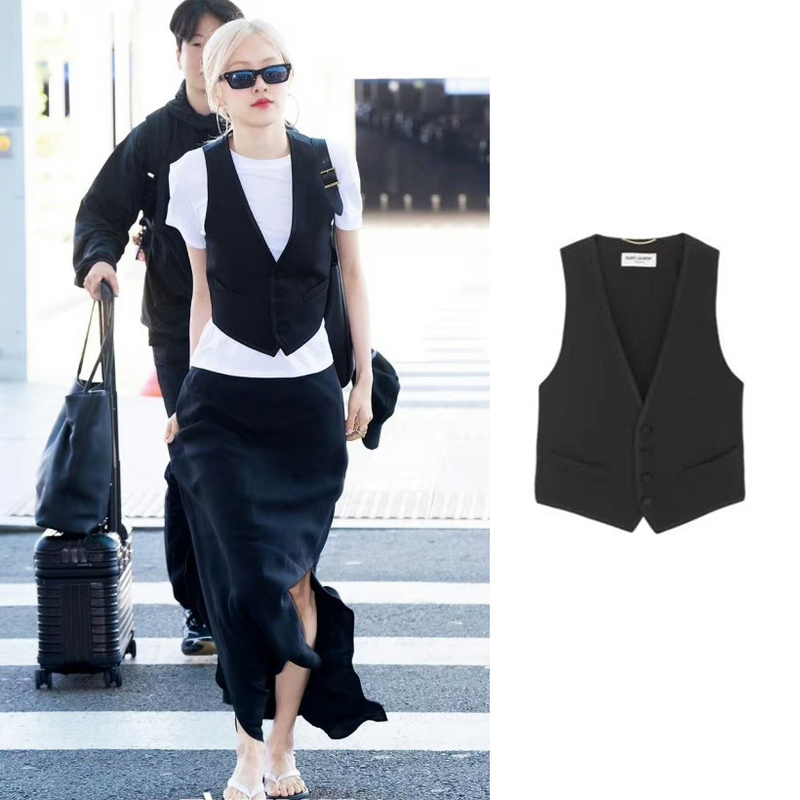 Rose Park Chae Young's Same Style Vest Suit, Outerwear for Summer, Thin V-Neck Short Sleeveless Top with a Sense of Design