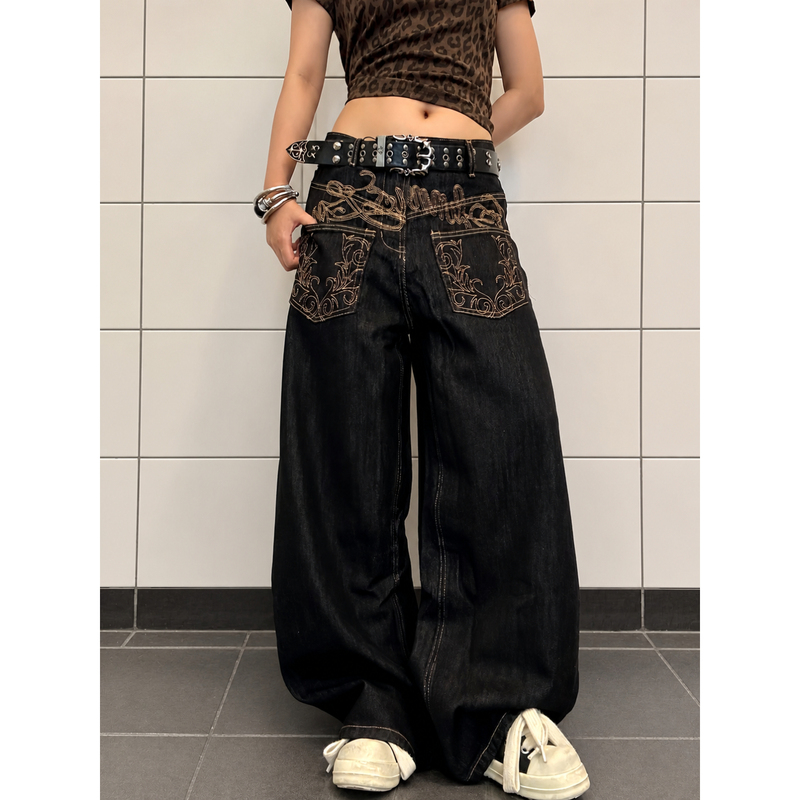 Milione American Retro Embroidered Scimitar Jeans for Women, Loose Wide-Leg Pants, High Street Vibe Style