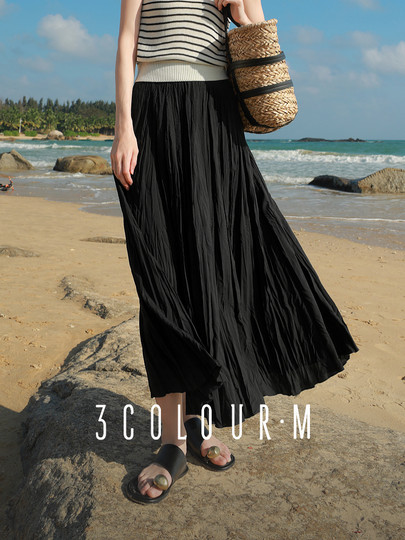 Sancai 2025 neuer Sommerstil-Faltenrock, elastisch, hohe Taille, A-Linie, plissiert, zierlich, großer Saum, langer Rock, dünn, Damen, M