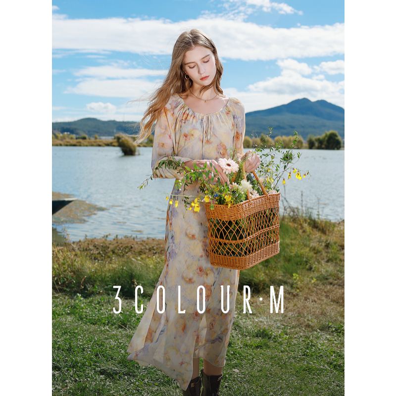 3色2025春新作フランス復古ツーウェアシフォン花柄ワンピース長袖ワンピースロングスカート女性M