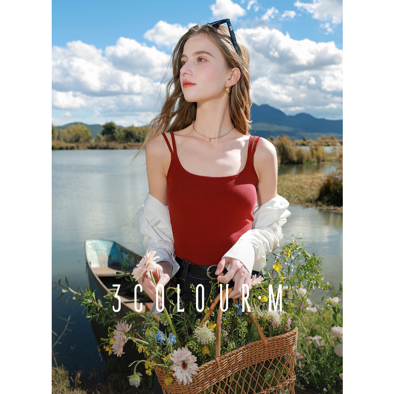 3色2025春新作無地ベスト胸パッド付きニットサスペンダースリムショートボトムインナーウェア女性M