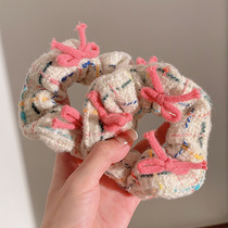 Pink bow hair tie colorful plaid contrasting color headband sweet plush hair rope cute large intestine hair tie for girls