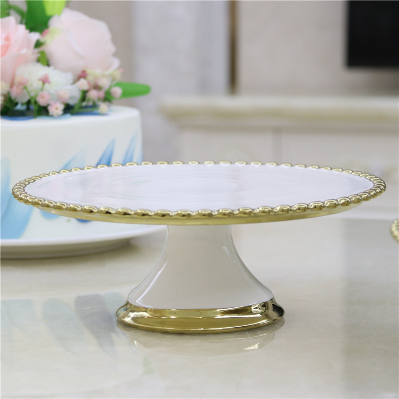 ins European-Style Ceramic Tall Cake Tray Dessert Table Tableware Golden Round Plate with Transparent Glass Lid