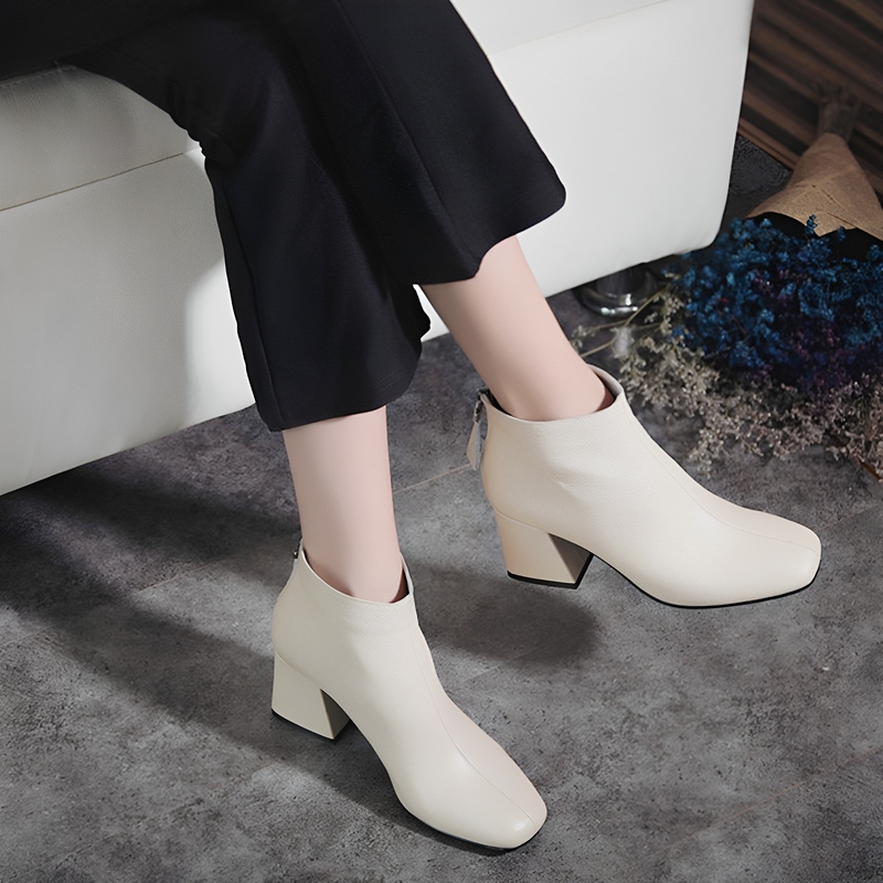 Korean Style Short Boots, Light-Colored Spring and Autumn Single Boots, Genuine Leather High Heels, Thick Heels, Women's Winter Ankle Boots, Square Toe Ankle Boots, Off-White Korean Style Short Boots, Light-Colored Spring and Autumn Single Boots, Genuine Leather High Heels, Thick Heels, Women's Winter Ankle Boots, Square Toe Ankle Boots, Off-White