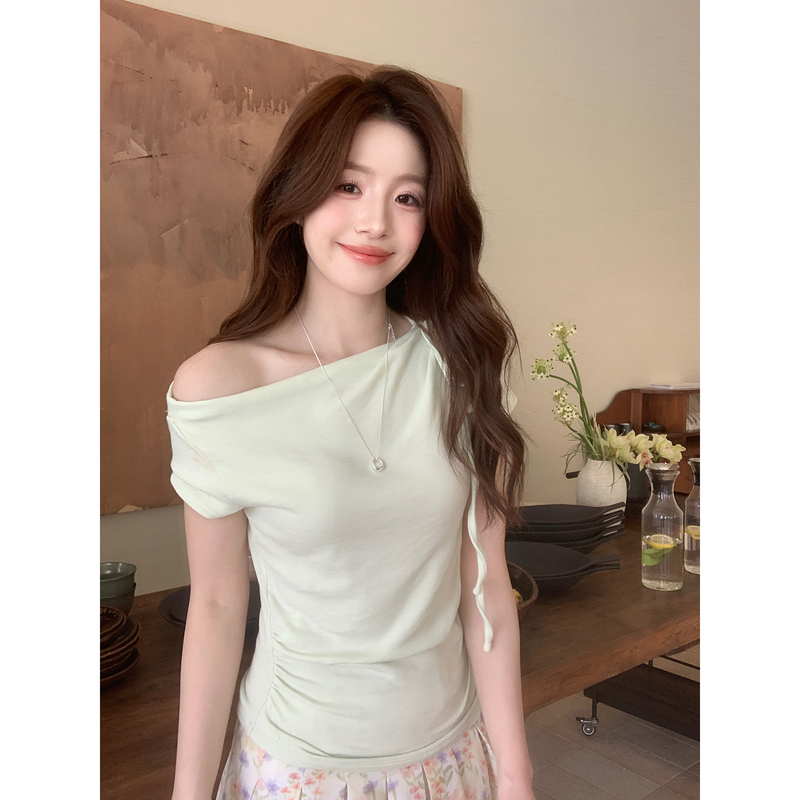 Even Yiwen [Slim Shoulder] Korean-Style High-End Knitted Top, Off-Shoulder, Gentle, Delicate, Versatile T-Shirt for Summer