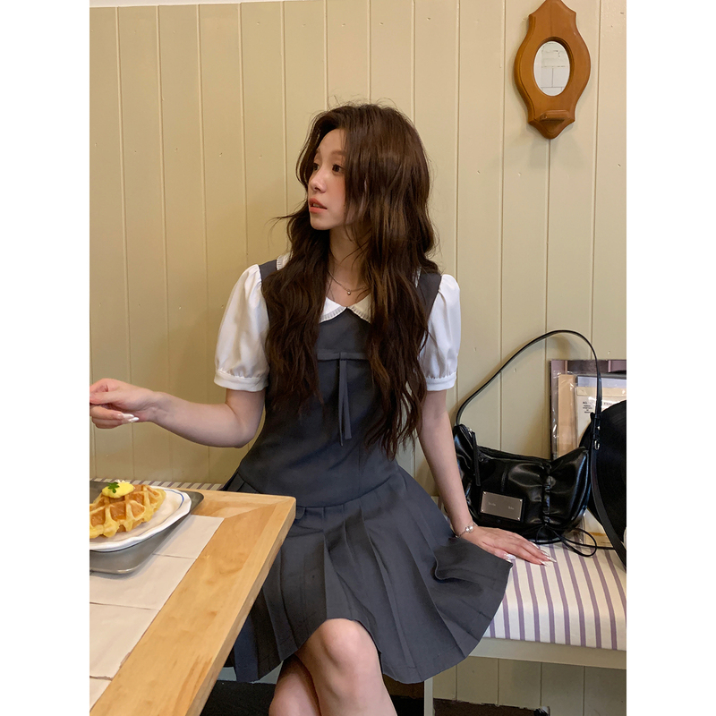 Even Yiwen【Miu Series Little Cutie】Korean Style High-End Fake Two-Piece Pleated Waist-Cinching Age-Reducing Short Dress for Summer
