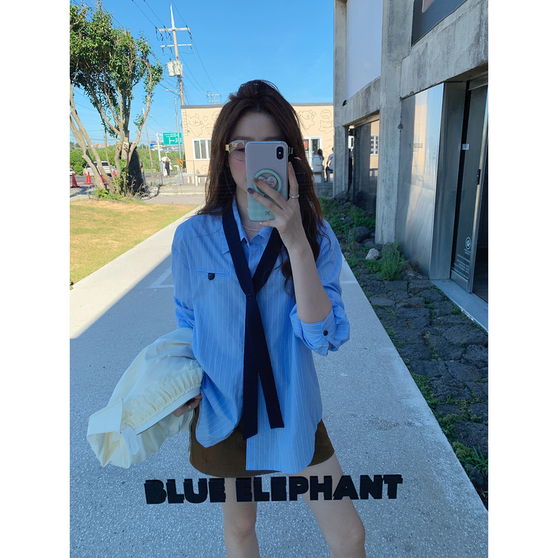 Even Yiwen【Blue Island Wind Chime】Korean-Style High-Intelligence Classic Blue and White Striped Shirt British Preppy Style Top for Women